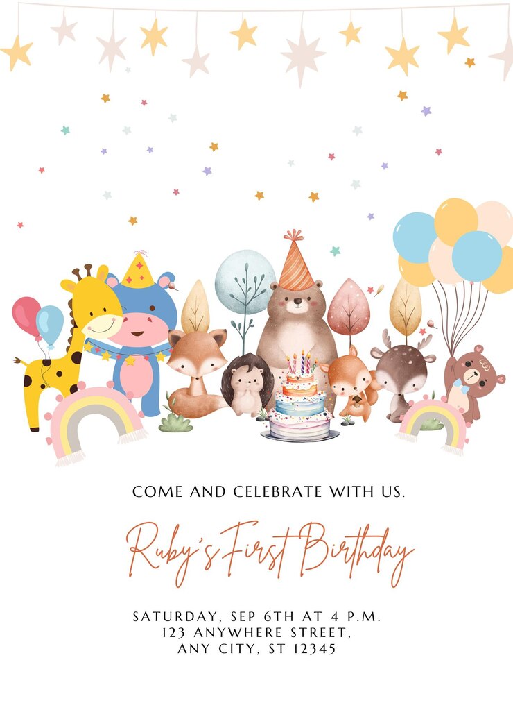 PSD invitación de cumpleaños de bebé ilustrada y colorida 1