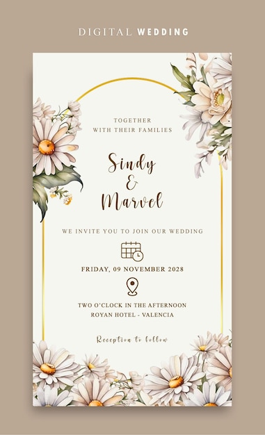 Invitación digital de boda PSD con una elegante flor de acuarela