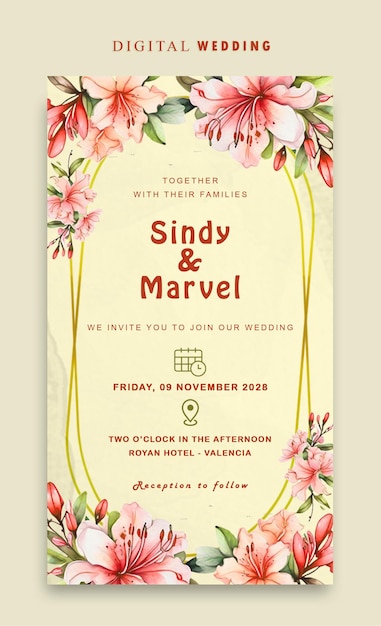 Invitación digital de boda PSD con una elegante flor de acuarela