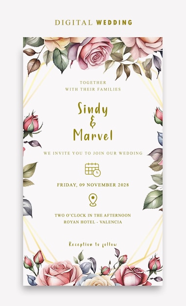 Invitación digital de boda PSD con elegantes rosas de acuarela