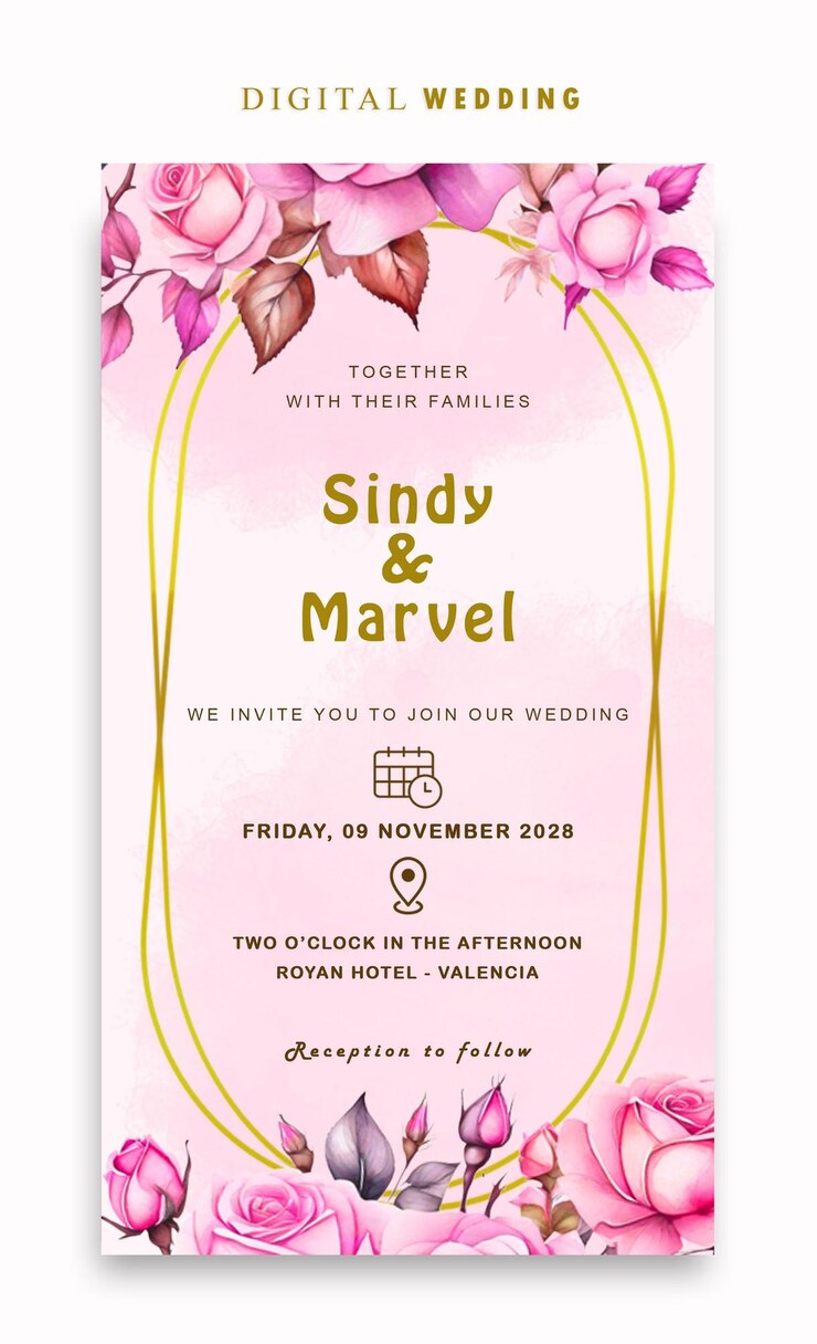 PSD invitación digital de boda psd con elegantes rosas de acuarela