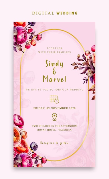 Invitación digital de boda PSD con fondo púrpura geométrico