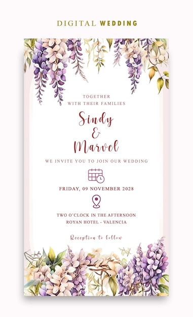 Invitación digital de boda PSD con fondo púrpura geométrico