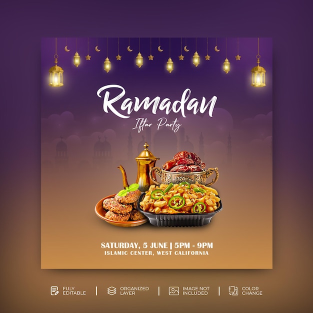 Invitación a la fiesta de Ramadan Kareem Iftar plantilla de publicación en las redes sociales Psd