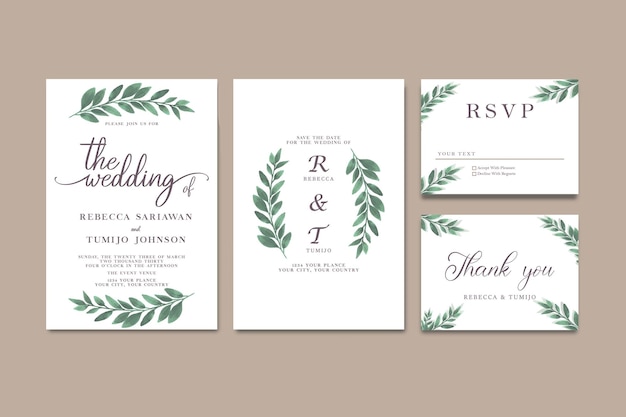 Invitación floral de color de agua de boda gracias tarjeta de rsvp conjunto de diseño de acuarela PSD