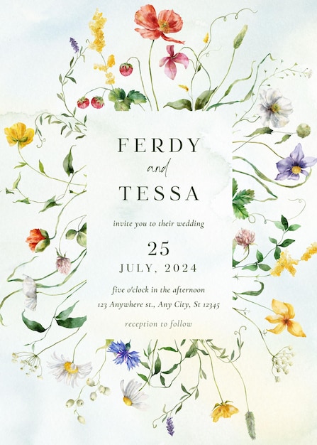 Invitado ao casamento de verão de flores rústicas verdes e brancas