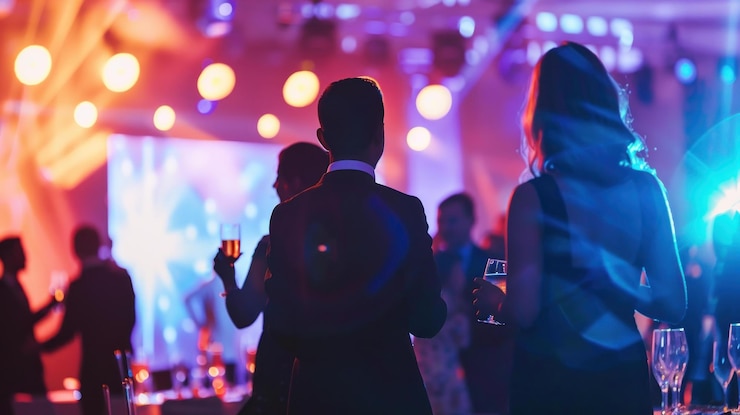 PSD los invitados disfrutan de un vibrante evento colorido con bebidas y socialización