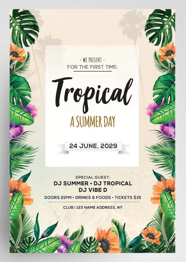 PSD invitation au festival de musique tropicale flyer de la fête du club
