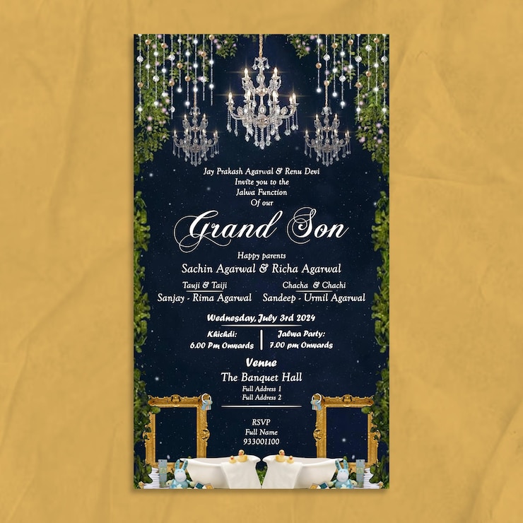 PSD invitation à la cérémonie du nom bleu foncé et doré pour le modèle du grand fils