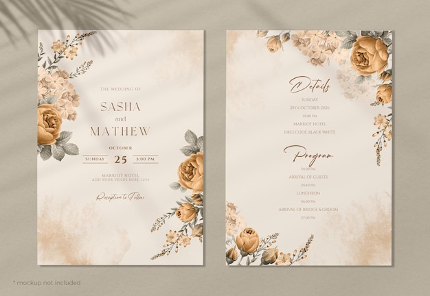 PSD invitation de mariage aquarelle avec un beau floral orange poussiéreux