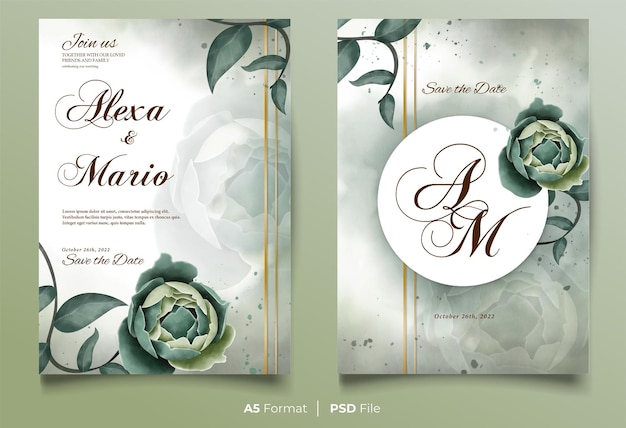 Invitation De Mariage Aquarelle De Luxe Avec Fleur Verte