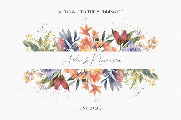 PSD invitation de mariage avec aquarelle de modèle floral et feuilles