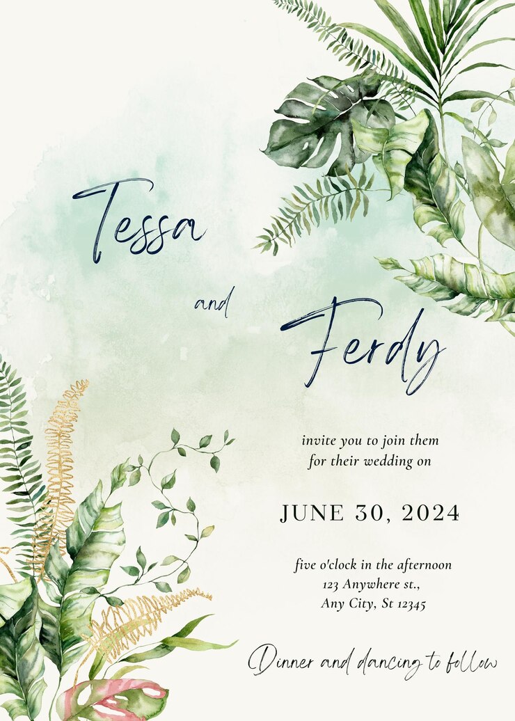 PSD invitation de mariage à l'aquarelle moderne élégante en feuilles tropicales vertes et dorées 1