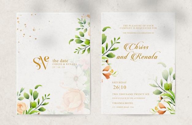 PSD invitation de mariage avec des bouquets de verdure d'eucalyptus aquarelle de beauté