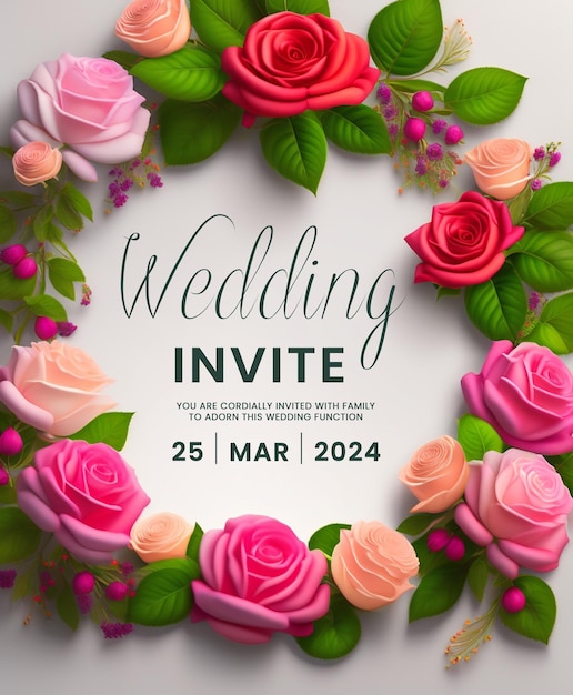PSD invitation de mariage en dentelle florale exquise avec des accents dorésroses rouges romantiques sauvez la date du mariage
