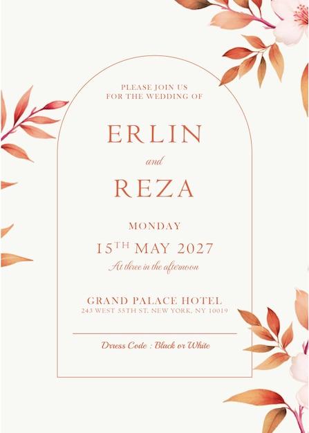 Une invitation de mariage élégante avec des fleurs en arrière-plan