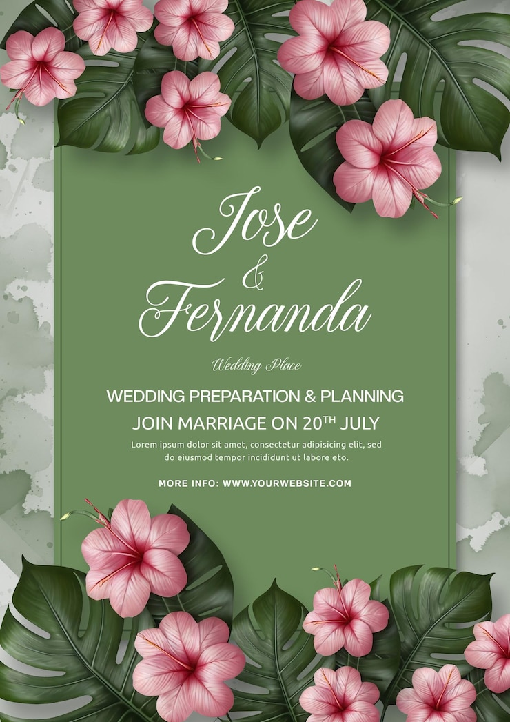 PSD une invitation de mariage élégante avec des fleurs roses et de la verdure