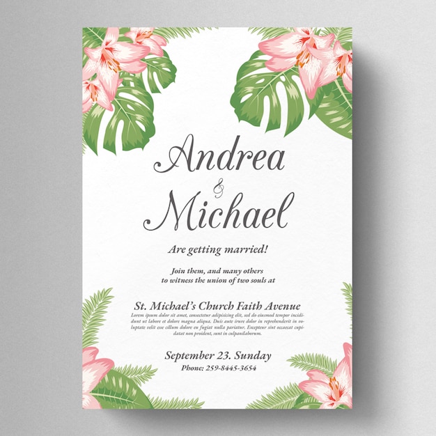 PSD invitation de mariage floral tropical