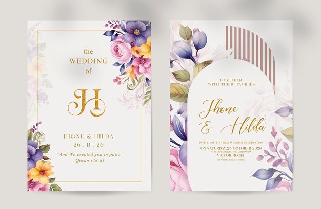 PSD invitation de mariage florale avec de belles fleurs à l'aquarelle