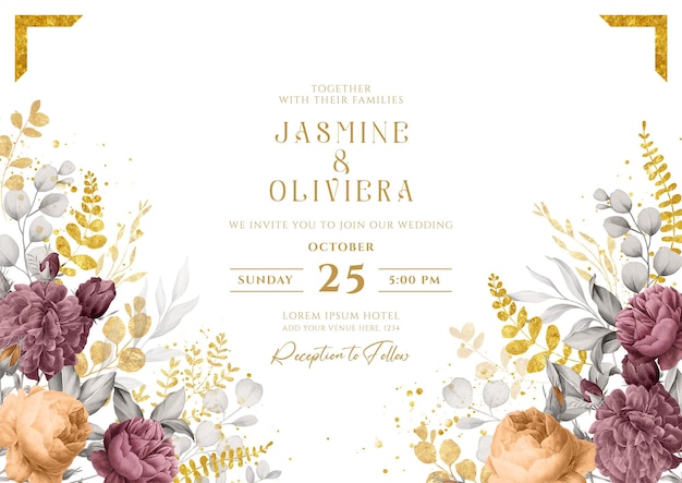 Invitation de mariage de fond floral élégant avec décoration de roses et de feuilles d'or