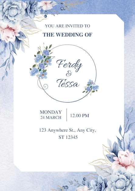 Invitation de mariage illustrative à fleurs bleues et blanches 1