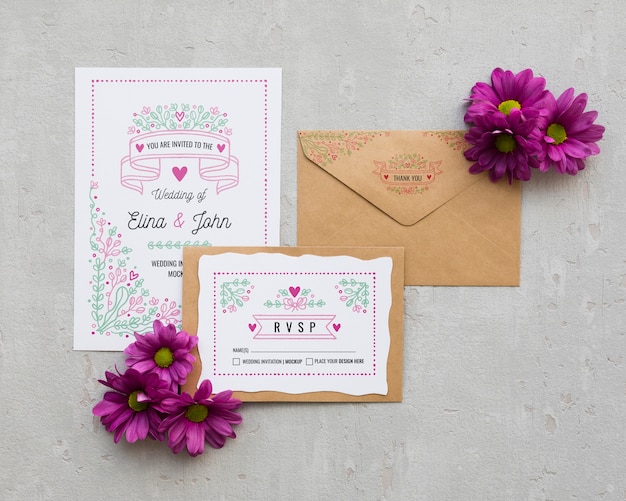 PSD invitation de mariage avec marguerites violettes