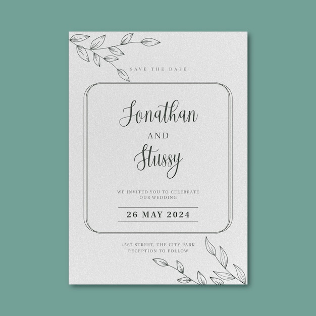 Invitation de mariage minimaliste ou affiche avec ornement floral dessiné à la main sur fond texturé