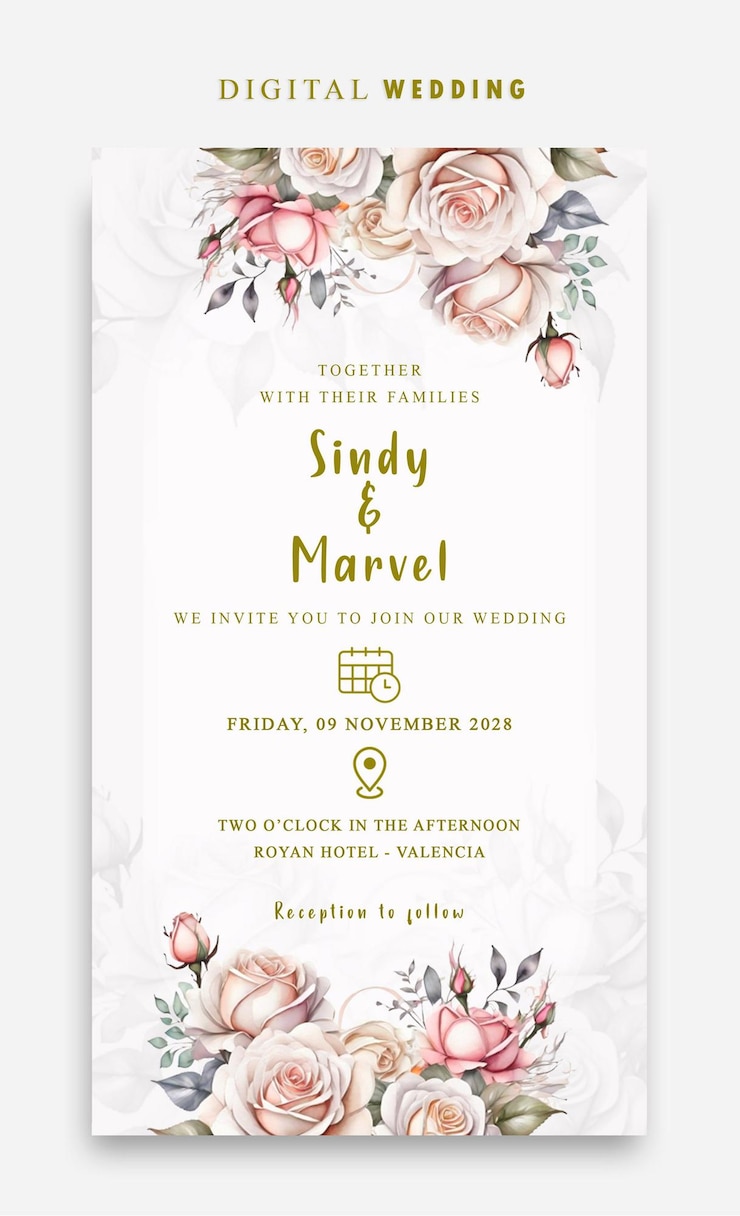 PSD invitation de mariage numérique psd avec une fleur d'aquarelle élégante