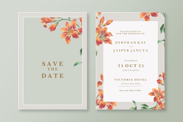 PSD une invitation de mariage pour un mariage avec des fleurs et des feuilles