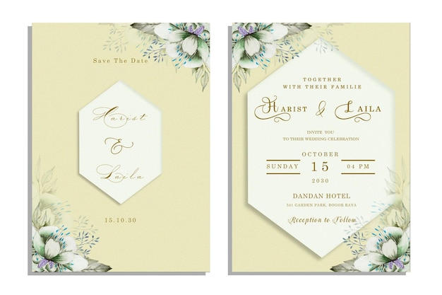 PSD invitation de mariage sertie de branches de feuillage vert aquarelle psd