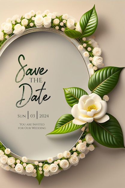 PSD invitation de mariage sophistiquée avec des fleurs blanches classiques et des perles