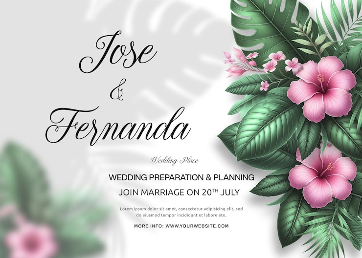 PSD une invitation de mariage tropicale élégante avec un dessin floral