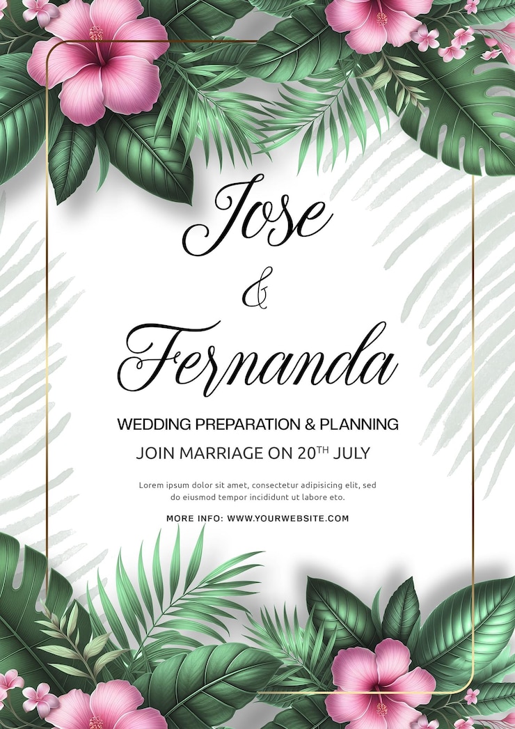 PSD une invitation de mariage tropicale élégante avec un hibiscus rose