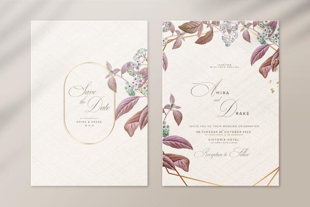 Invitation De Mariage Vintage Et Réservez La Date Avec Des Feuilles Brunes