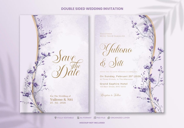 PSD une invitation de mariage violet et or avec des fleurs de lavande dessus