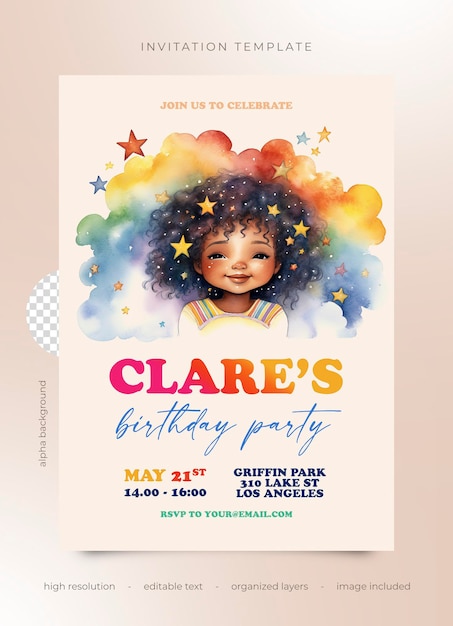 PSD invitatoria de fiesta de cumpleaños de psd chica de acuarela con estrellas colores del arco iris