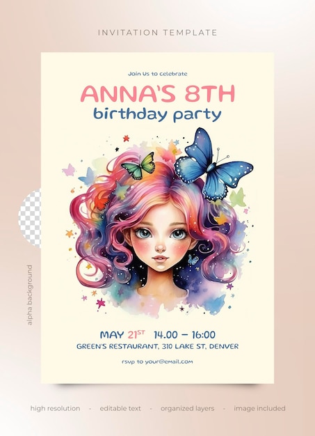 PSD invitatoria de fiesta de cumpleaños de psd chica de acuarela con mariposas y flores en el cabello