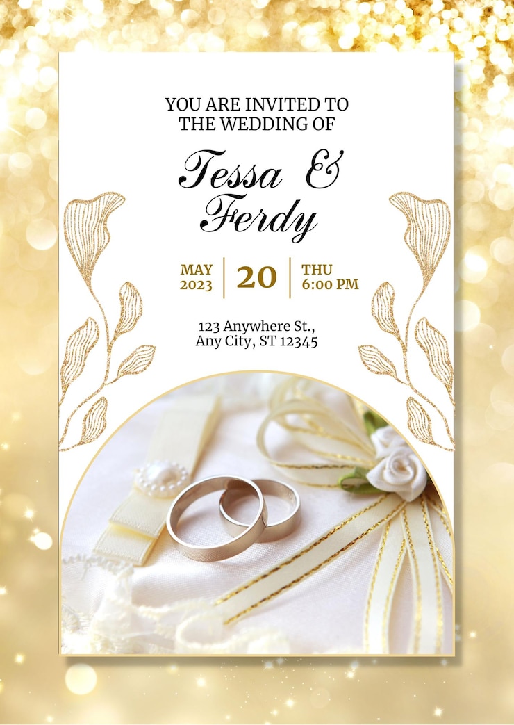 PSD invitatorio de boda elegante de oro y blanco 1