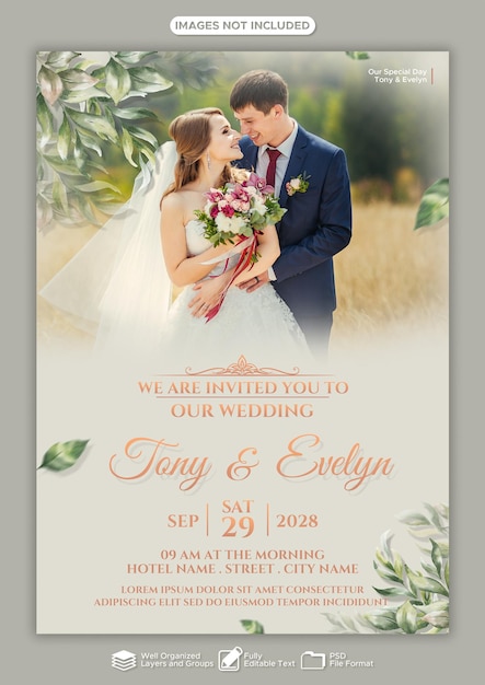 Invitazione a un matrimonio elegante con una coppia romantica