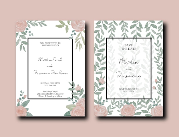 Invito a nozze con foglie verdi intorno alla carta e decorazione floreale rosa