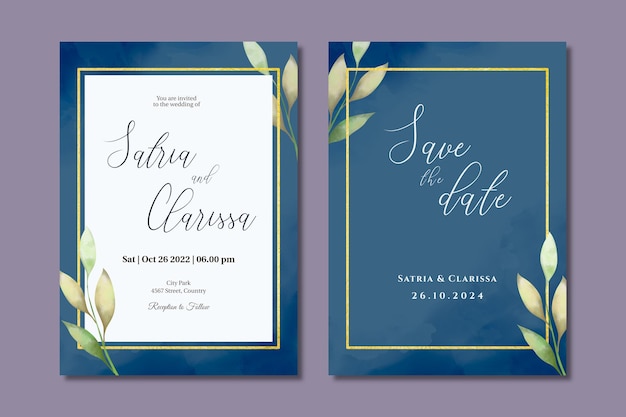 Invito a nozze in blu scuro con fiori dorati
