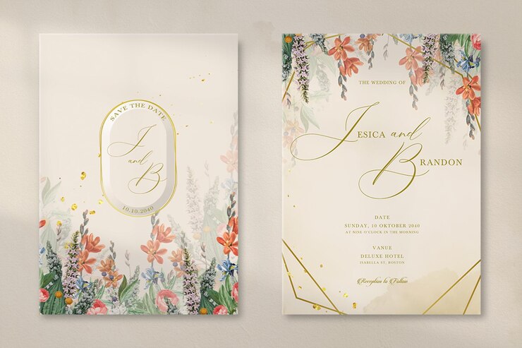 Invito a nozze vintage moderno con bouquet di fiori da giardino