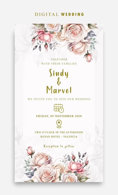 Invito al matrimonio digitale PSD con eleganti fiori ad acquerello