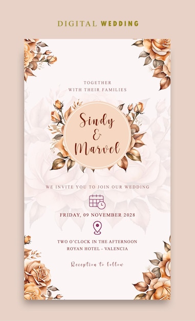 Invito al matrimonio digitale PSD con eleganti fiori ad acquerello