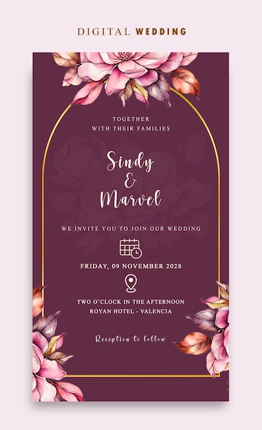 Invito al matrimonio digitale PSD con sfondo viola geometrico