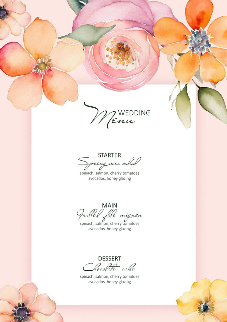 PSD invito al matrimonio elegante con fiori e menu modello di menu florale per il matrimonio