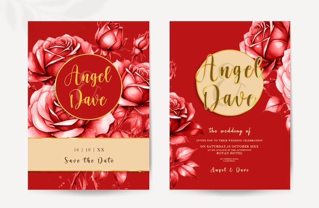 Invito al matrimonio moderno PSD con disegno di fiori di rosa rossa