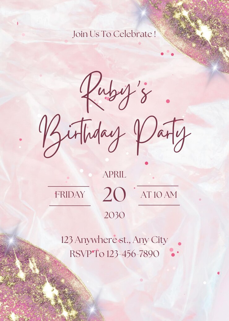 PSD invito alla festa di compleanno ad acquerello rosa e bianco 1