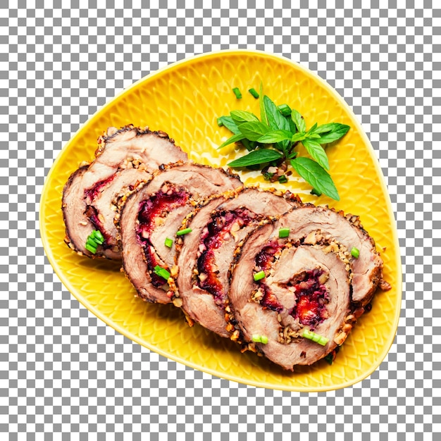 Involtini di carne fresca sul piatto con sfondo trasparente