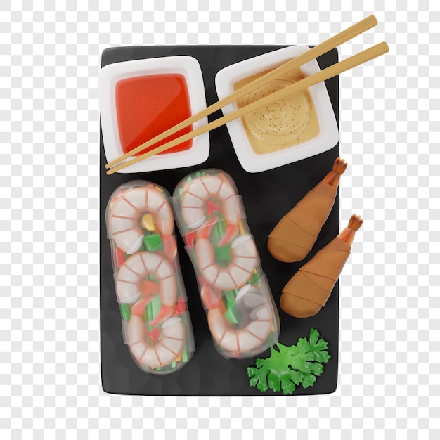 Involtini primavera 3D di due tipi non fritti e fritti su una tavola di ardesia nera con bacchette per salse